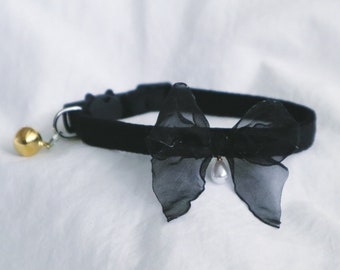 The Francine Collar - adorable coquette black bow ribbon soft velvet collar with teardrop pearl cat collar