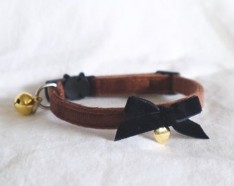 The Colette Collar - brown velvet soft collar with small black bow and dainty heart charm small dog boy cat girl cat