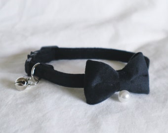 The Evelyn Collar - classy elegant soft black cat collar with adjustable black velvet bow and pearl charm