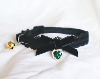 The Lucielle Collar - regal elegant soft velvet and lace cat collar with a dainty bow and personalized heart rhinestone gem