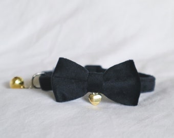 The Darcy Collar - black soft velvet collar with adjustable bowtie and dainty heart charm small dog cat wedding pet collar