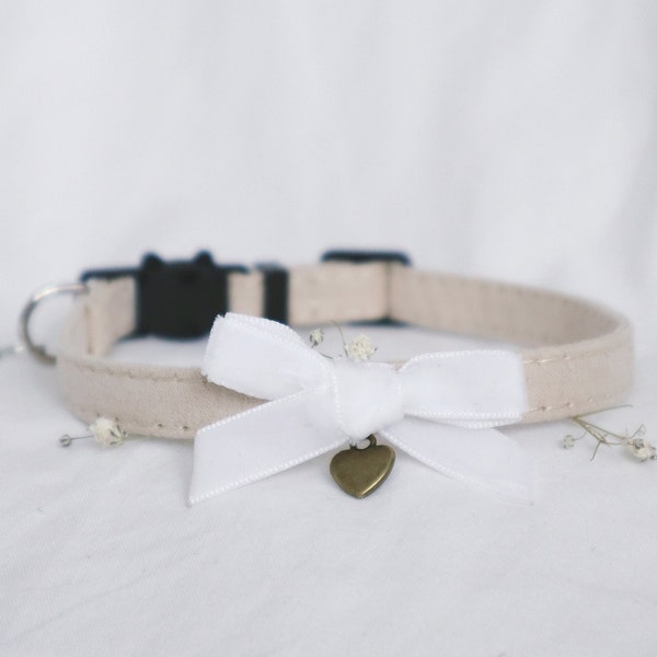 The Madelyn Collar in cream - adorable white velvet bow and dainty heart charm gold silver brass cat collar small dog