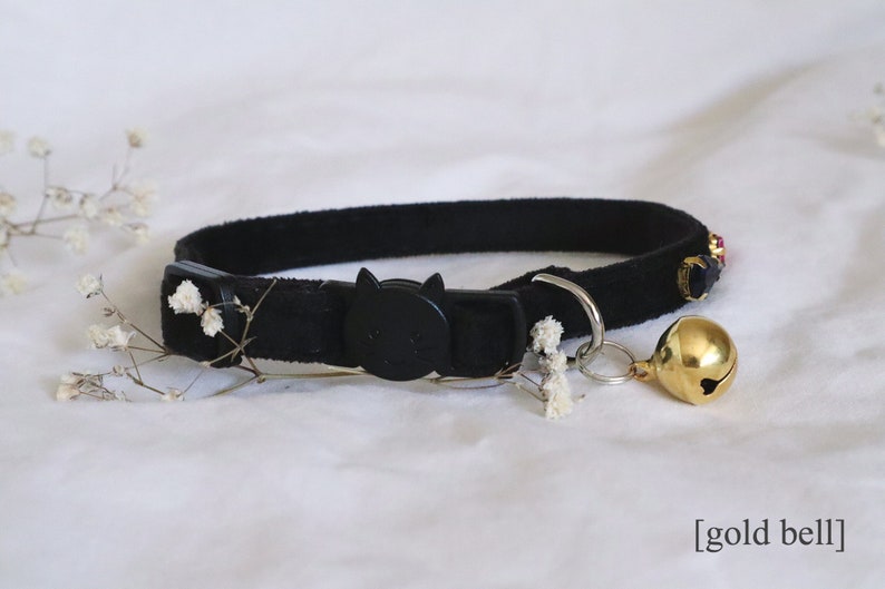 May include: Black cat collar with a black plastic cat-shaped buckle and a gold bell. The collar has small colorful beads and a silver charm.