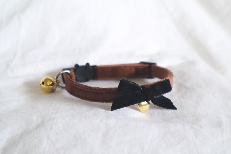 The Colette Collar brown velvet soft collar with small black bow and dainty heart charm small dog boy cat girl cat image 1