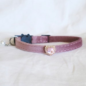The Eloise Collar in light pink - princess pink velvet cat collar with pink heart shaped gemstone rhinestone cat collar small dog