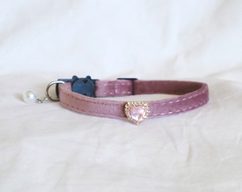 Baby Pink Cat Collar | Fancy Rhinestone Heart Charm, Breakaway Clasp