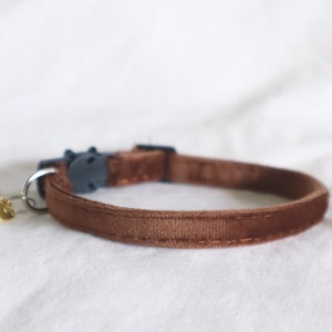 The Jane Collar rich brown soft velvet cat collar with breakaway clasp and personalized bell and dainty heart charm image 1