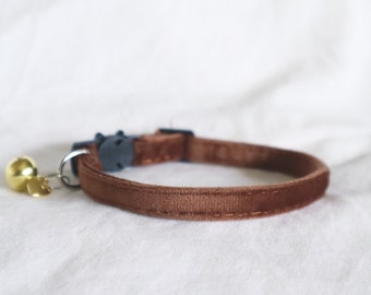 The Jane Collar - rich brown soft velvet cat collar with breakaway clasp and personalized bell and dainty heart charm