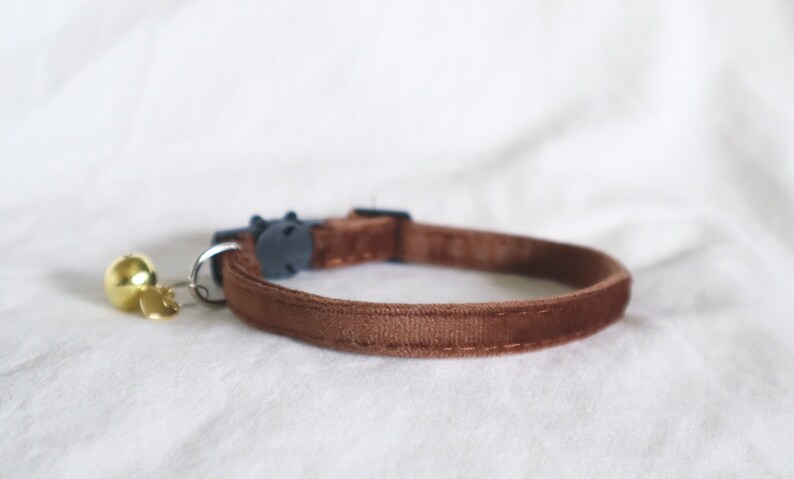 The Jane Collar rich brown soft velvet cat collar with breakaway clasp and personalized bell and dainty heart charm image 1