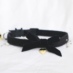 The Madelyn Collar - timeless black velvet bow and dainty heart charm gold silver brass soft black cat collar small dog