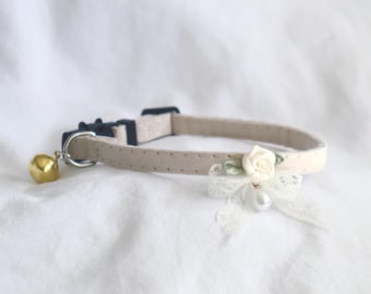 Isabella Creamy White Cat Collar | Lace Bow, Rose, Pearl Charm, Breakaway Clasp