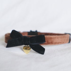 The Colette Collar brown velvet soft collar with small black bow and dainty heart charm small dog boy cat girl cat image 2