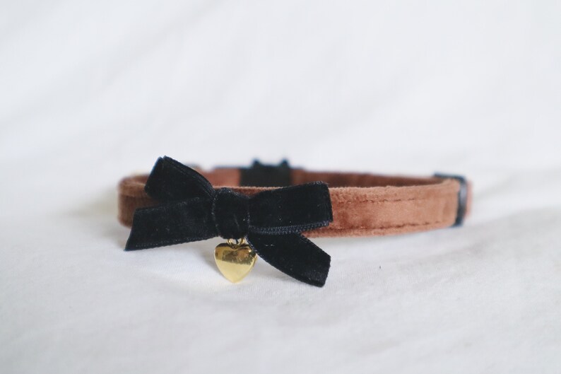 The Colette Collar brown velvet soft collar with small black bow and dainty heart charm small dog boy cat girl cat image 2