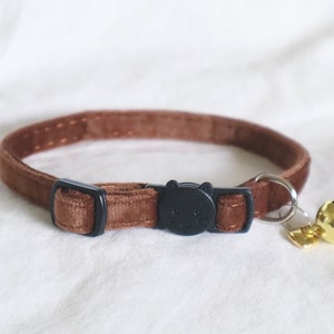 The Jane Collar rich brown soft velvet cat collar with breakaway clasp and personalized bell and dainty heart charm image 2