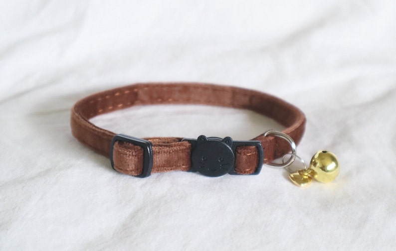 The Jane Collar rich brown soft velvet cat collar with breakaway clasp and personalized bell and dainty heart charm image 2
