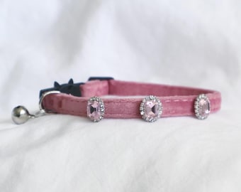 Diana Baby Pink Velvet Cat Collar | 3 Personalized Rhinestone Charms | Victorian Style Adjustable Pet Collar