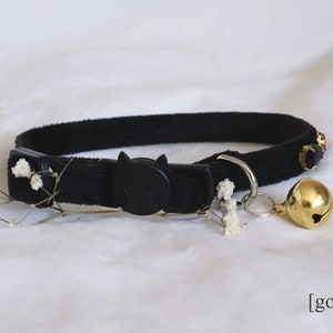 The Jane Collar rich brown soft velvet cat collar with breakaway clasp and personalized bell and dainty heart charm image 6