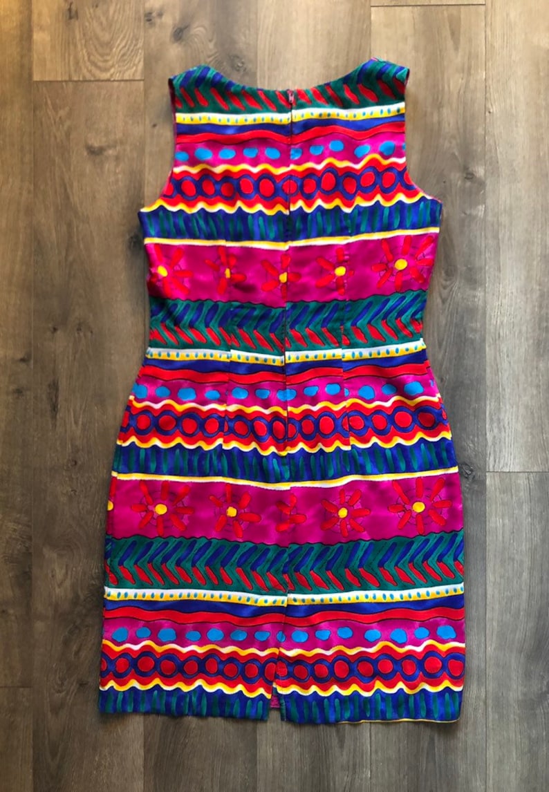 80s Party Dress Hot Pink Dress Short Colorful Dress Sleeveless Tank Dress Vintage Striped Dress Abstract Dress Size 6