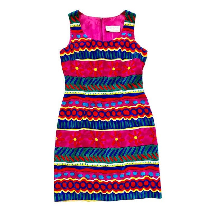 80s Party Dress Hot Pink Dress Short Colorful Dress Sleeveless Tank Dress Vintage Striped Dress Abstract Dress Size 6