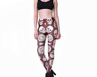Leggings Sugar Skull Tattoo Floral Diamond Trend Red //Purple Black Pants Women
