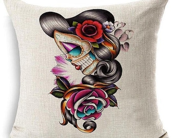 Sugar Skull Girl Pin up Day of The Dead Pillow Case Rose