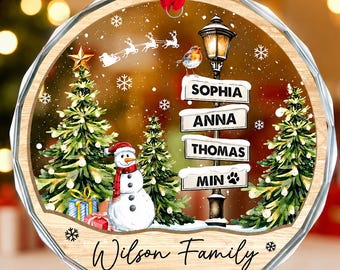 Custom Family Name Christmas Ornament, Members Names with Pet Snowman Winter Keepsake