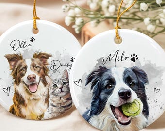 Personalized Dog Photo Christmas Ornament, Pet Watercolor Portrait Keepsake, Cat Lover Gift