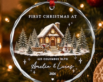 Personalized First Christmas in New Home Watercolor Cabin & Tree Circle Glass Ornament