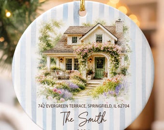 New Home Ornament, Watercolor House Portrait, Personalized Address Family Name, Ceramic Circle