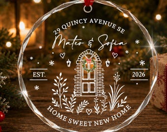 Personalized Home Sweet New Home Glass Ornament, Custom Address and Couple Name Housewarming Keepsake