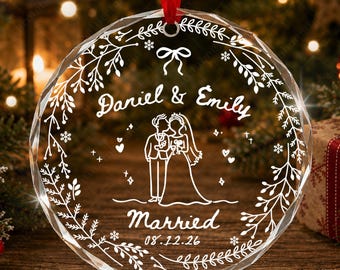 Personalized Wedding Doodle Circle Glass Ornament