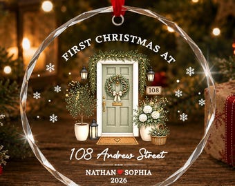 Personalized First Christmas At Our New Home House Icon Circle Glass Ornament