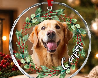 Custom Dog Photo Christmas Glass Ornament, Personalized Dog Watercolor Portrait Ornament, Holiday Pet Keepsake with Name
