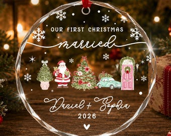 Our First Christmas Married Circle Glass Ornament, Newlywed Keepsake