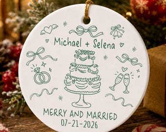 Personalized First Christmas Married Ornament, Minimal Wedding Doodle Ceramic Keepsake