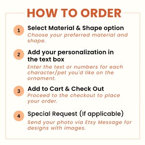 May include: A graphic with the title "HOW TO ORDER" and numbered steps. The steps include selecting material and shape, adding personalization, adding to cart, and special requests for designs with images.