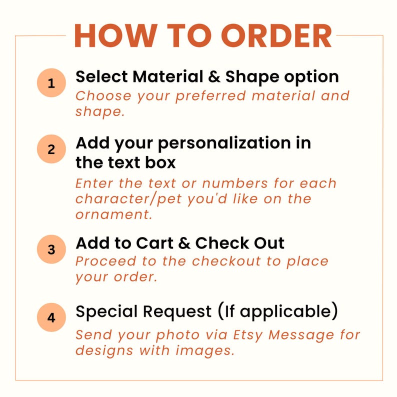 May include: A graphic with the title "HOW TO ORDER" and numbered steps. The steps include selecting material and shape, adding personalization, adding to cart, and special requests for designs with images.
