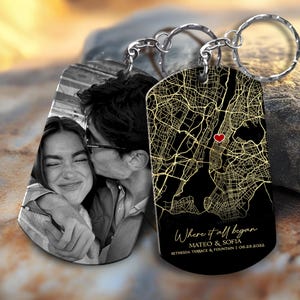 May include: Two personalized keychains. One features a black and white photo of a couple. The other has a gold map design on a black background with a red heart, and the text "Where it all began" with names and a date.