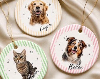 Personalized Pet Christmas Ornament, Custom Watercolor Pet Portrait, Dog and Cat Lover Keepsake