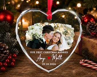 Custom Our First Christmas Married Ornament, Wedding Photo Heart Glass Ornament, Gift for Newlywed