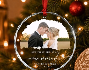 First Christmas Married Glass Ornament, Personalized Wedding Photo Glass Keepsake, Newlywed Christmas Gift