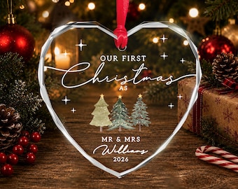 First Christmas Married Ornament, Personalized Mr and Mrs Heart Glass Keepsake, Newlywed Holiday Gift