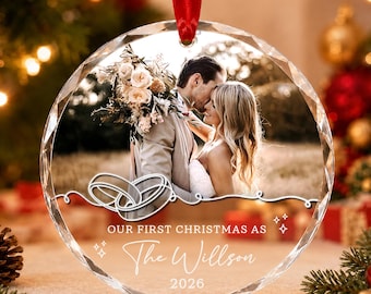 First Christmas Married Glass Ornament, Personalized Newlywed Couple Photo Keepsake, Mr & Mrs Gift