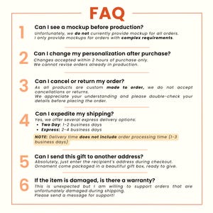 May include: A beige graphic with the word "FAQ" at the top. The text answers common questions about ordering, including mockups, personalization changes, cancellations, shipping, gift addresses, and warranties.