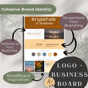 May include: A business board with the text "BrightPath AI Solutions" and "Automation & AI Tools For You". The board includes a color palette, font examples, and mood board inspiration. The text "Logo + Business Board" is also present.