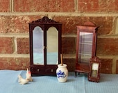 Miniature Furniture, Wardrobe, display case, wall clock, butter churn, chickens, 1 12 scale