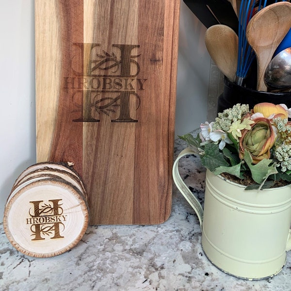 Custom Monogram Cutting Board with Coaster Set. Perfect housewarming, wedding, anniversary gifts! Customize with names, locations or logos.