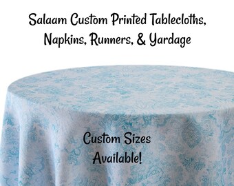 Salaam Custom Printed Damask Tablecloths, Napkins, Table Runners, and Fabric by the yard. Damask print custom made to order.