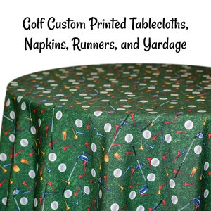 May include: Green tablecloth with a golf-themed print featuring golf balls, golf clubs, and tees. The tablecloth is perfect for a golf-themed party or event.