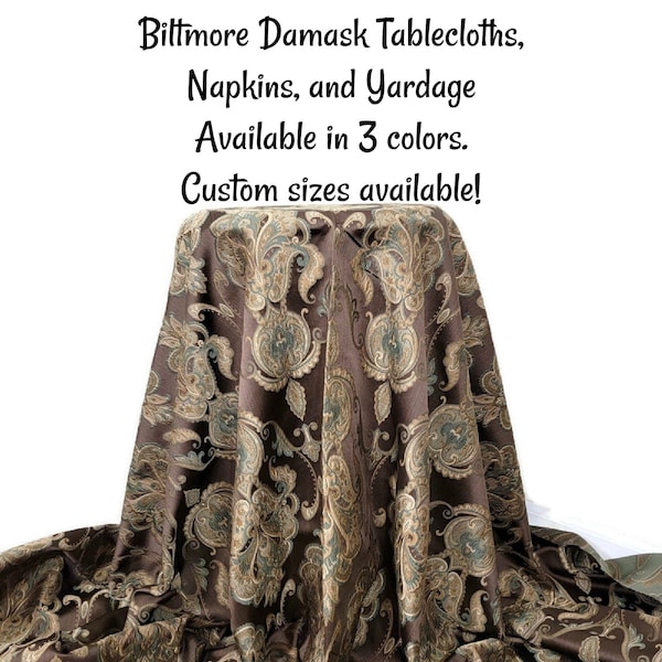 Biltmore Damask Tablecloths, Napkins, and Fabric by the yard. These are custom made to order and custom sizes are available. Three colors!